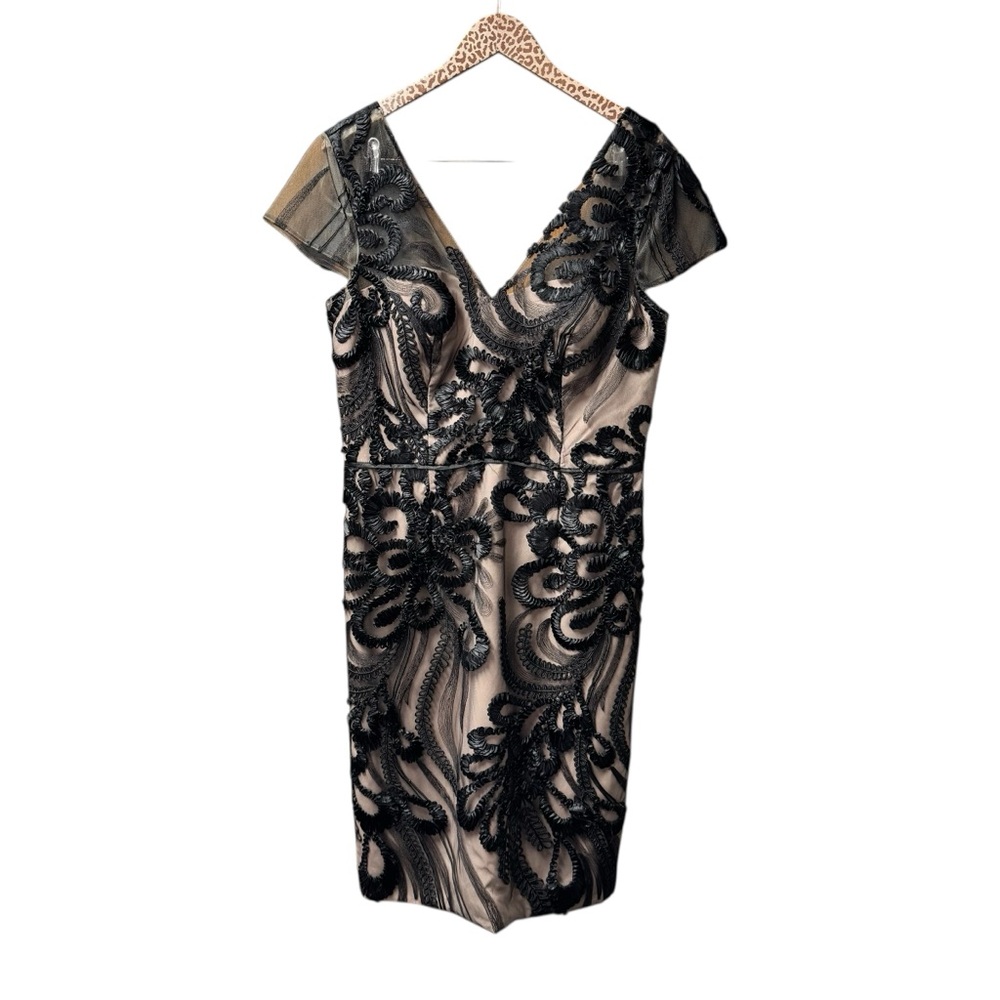 JS Collections Soutache Short Sleeve Lace Cocktail Dress Black Nude 12 NWOT